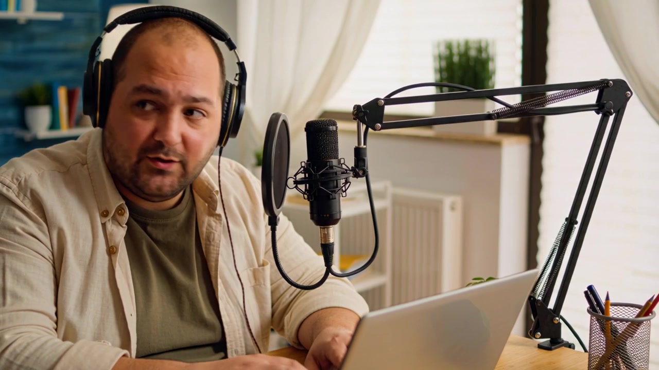 Putting on headphones, man wearing tan shirt preparing podcast in home office, using laptop, mic
