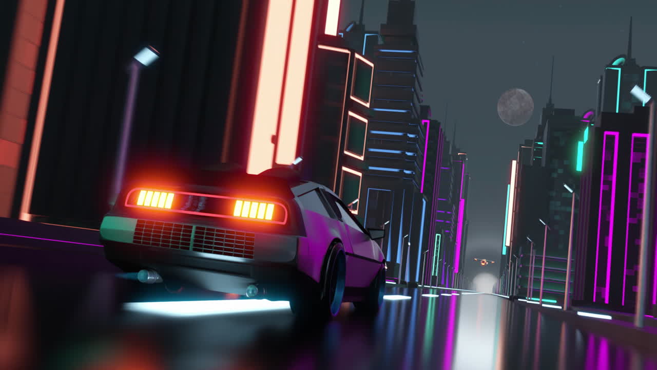 야간에 네온 조명 도시에서 자동차 운전의 애니메이션 배경