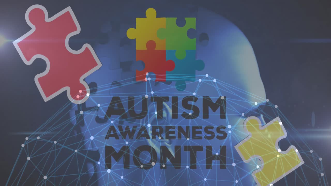 Animation of colourful puzzle pieces, globe and autism awareness month text