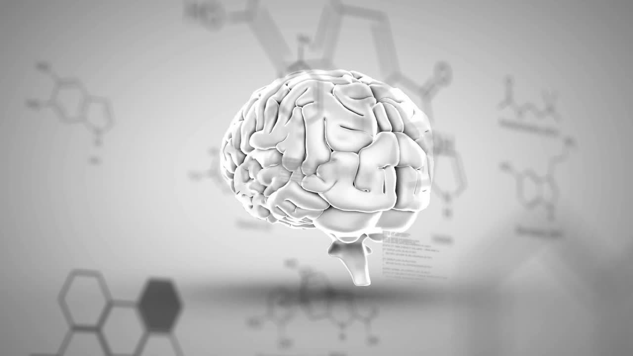 animación de cerebro giratorio sobre procesamiento de datos y formas en fondo blanco