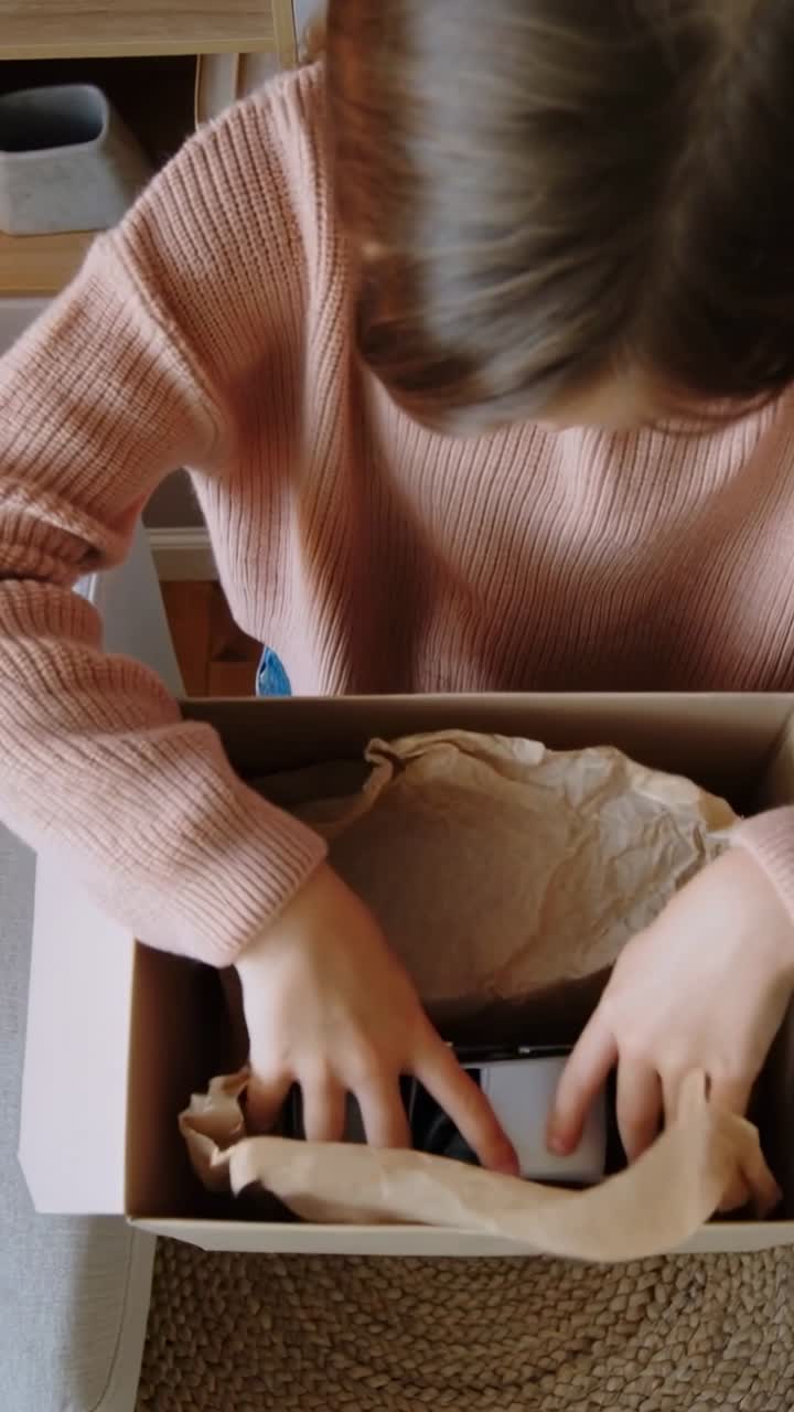 Vertical video: Child in pink sweater opening box peeling tissue paper at home revealing model car