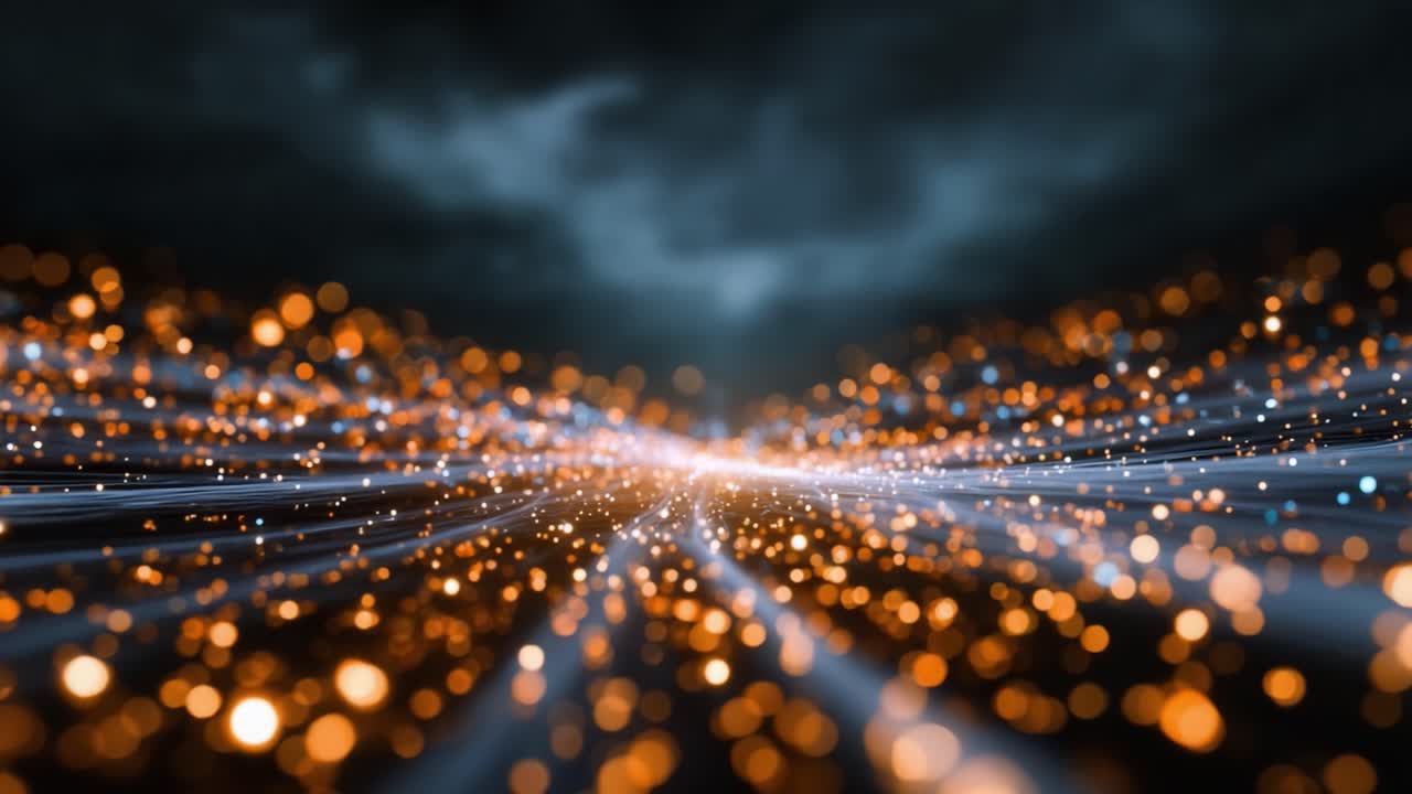 Una straordinaria rappresentazione di particelle radiose e luci scintillanti in un paesaggio futuristico, che cattura l'essenza del movimento attraverso un'atmosfera oscura