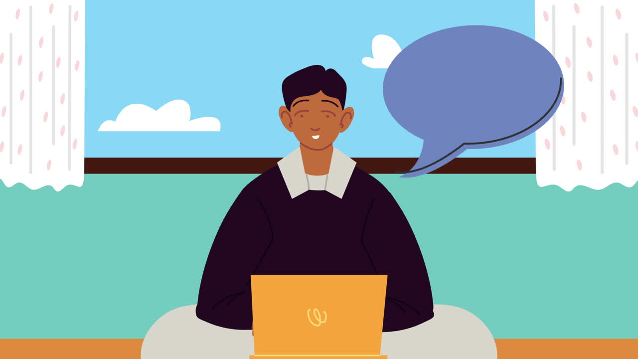 young man using laptop with speech bubble