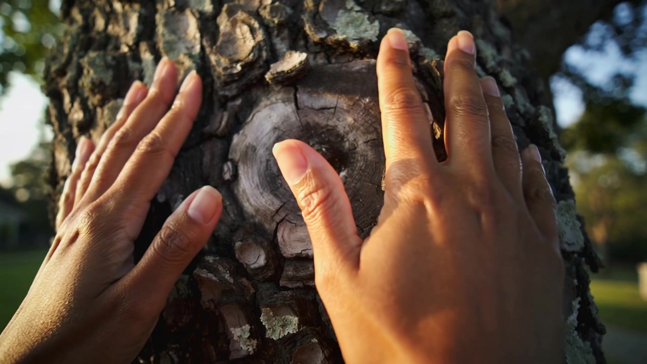 Approaching adult woman placing both hands on tree knot in park, exploring lichen and bark texture