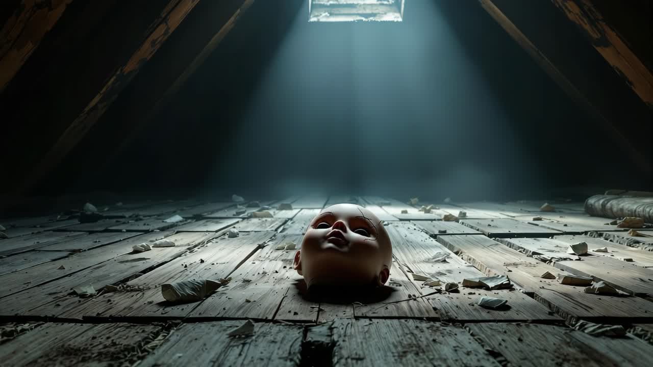 Doll head resting on dusty wooden floor illuminated by beams of light in an attic space