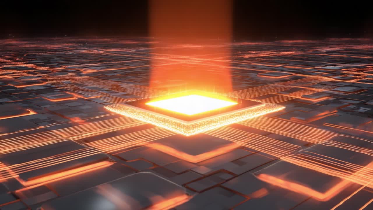 Futuristic central processing unit glowing with orange light while processing vast amounts of data, with energy flowing through the circuits of a complex motherboard in a seamless animation