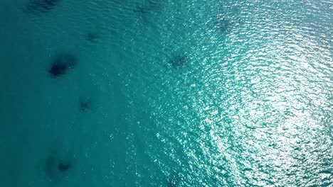 Aerial,-tilt-up,-drone-shot,-over-a-line-separating-turquoise,-aqua-menthe,-lagoon-water-and-darker-teal-colored-sea,-on-a-sunny-day,-in-Maldives