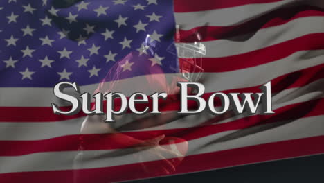 animation of super bowl text over male rugby player and american flag