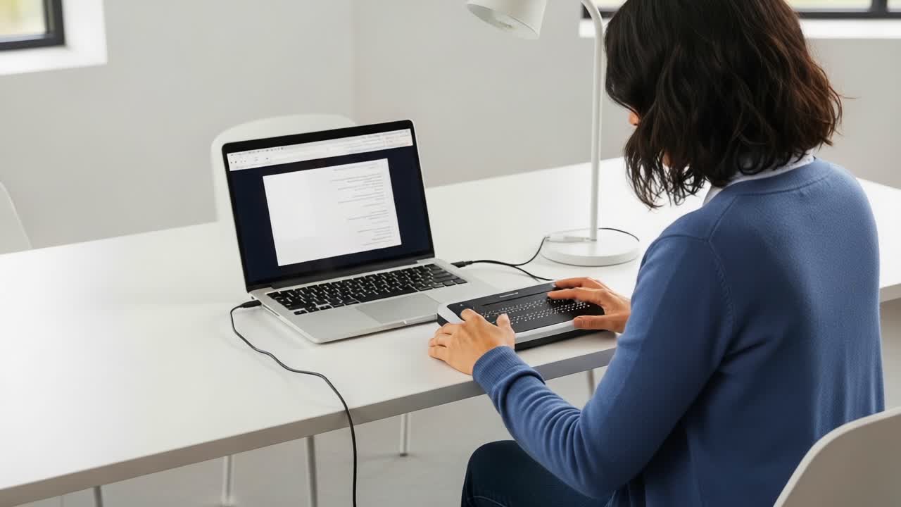 Focused Individual Engaged in Writing on Laptop with Assistive Keyboard in Bright, Modern Workspace, Showcasing Productivity and Technology Integration