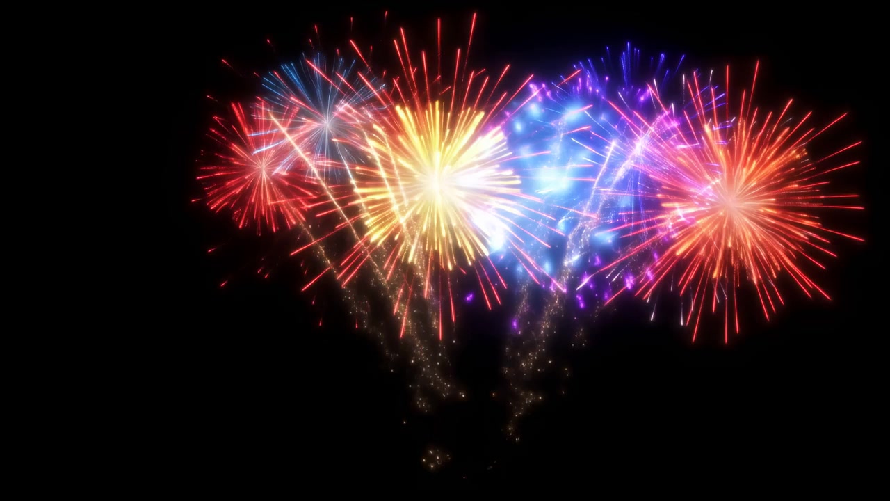 capturing the breathtaking moment of a fireworks display in the night sky, this event footage showcases the vibrant red and purple colors of the fireworks, creating a celebratory atmosphere.