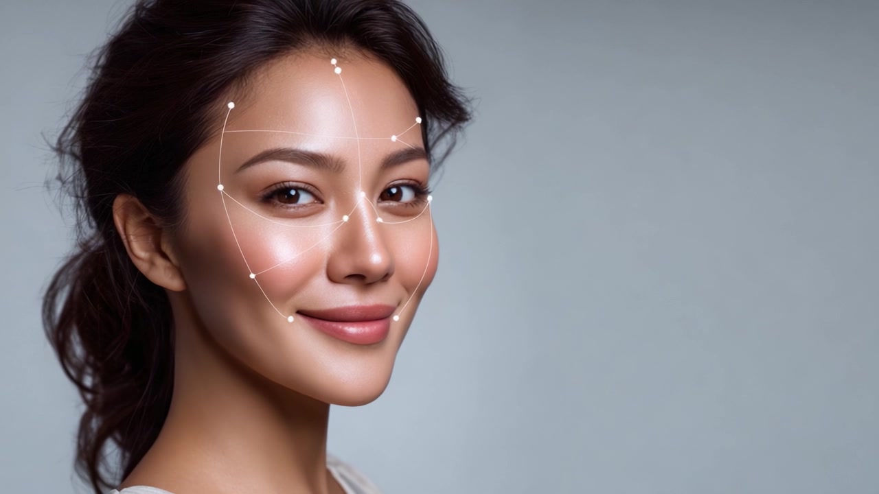Analisi Facciale di una Modella con Punti Chiave Evidenziati in un Ambiente di Studio Professionale, che Mostra Efficacemente Espressioni Sottili e Caratteristiche Facciali Uniche