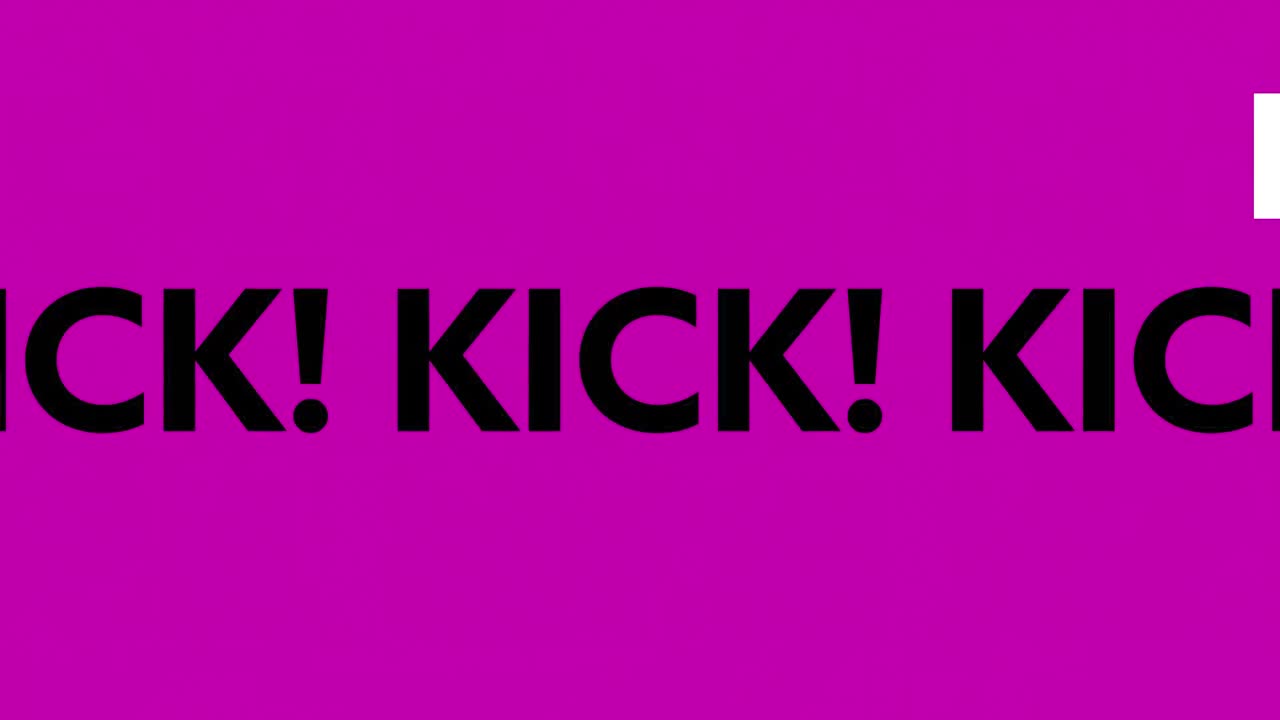 animación de la palabra patada en blanco y negro moviéndose y distorsionando en naranja luego rosa