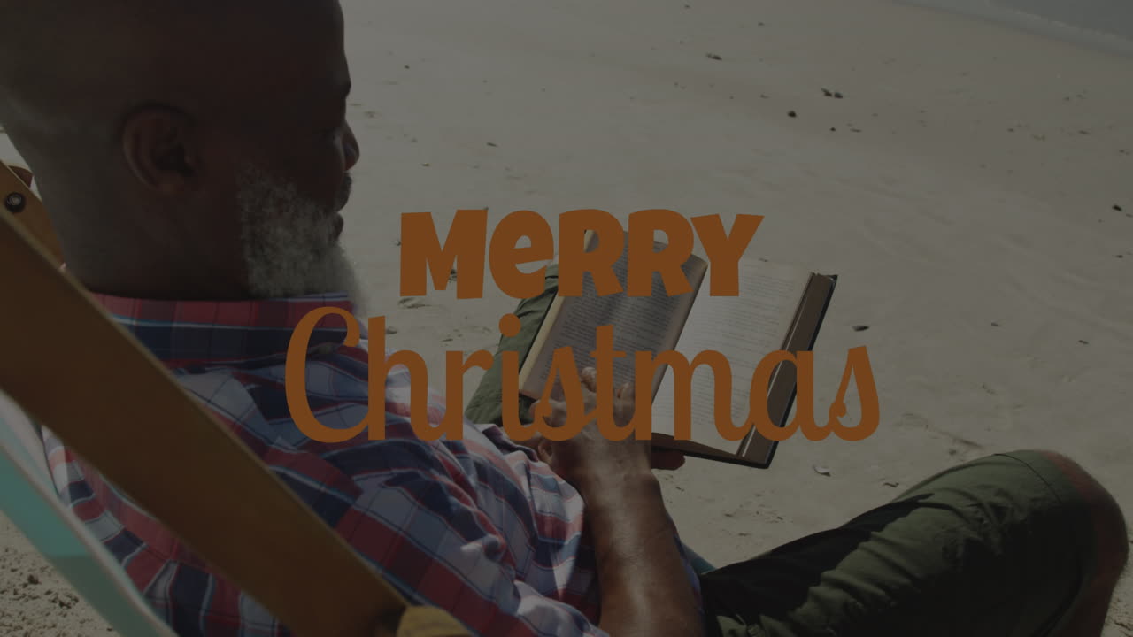 Animation of christmas greetings text over african american senior man on beach