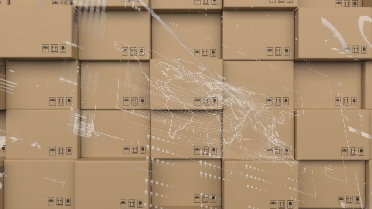 디지털 인터페이스와 데이터 처리 배경에 배달 상자 스택에 대 한