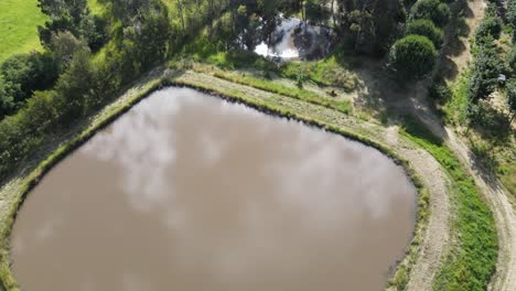 drone aerial over lush land and dam with trees in country town victoria