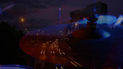 drum cymbal being merged with urban highway lights in double exposure 3d render showing vivid blend