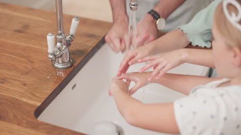 Cleaning,-washing-hands-and-closeup-of-father