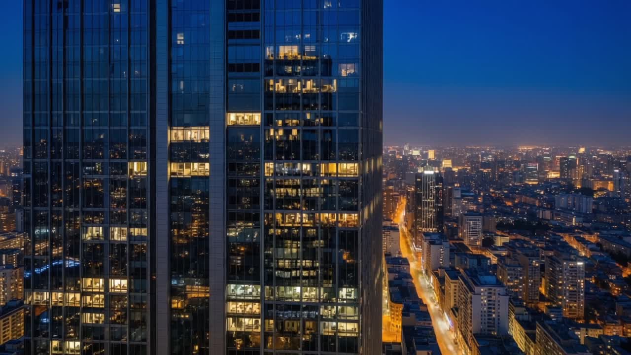 A Stunning Nighttime Cityscape View from a Skyscraper with Illuminated Buildings and Vibrant Urban Life Under a Dark Sky