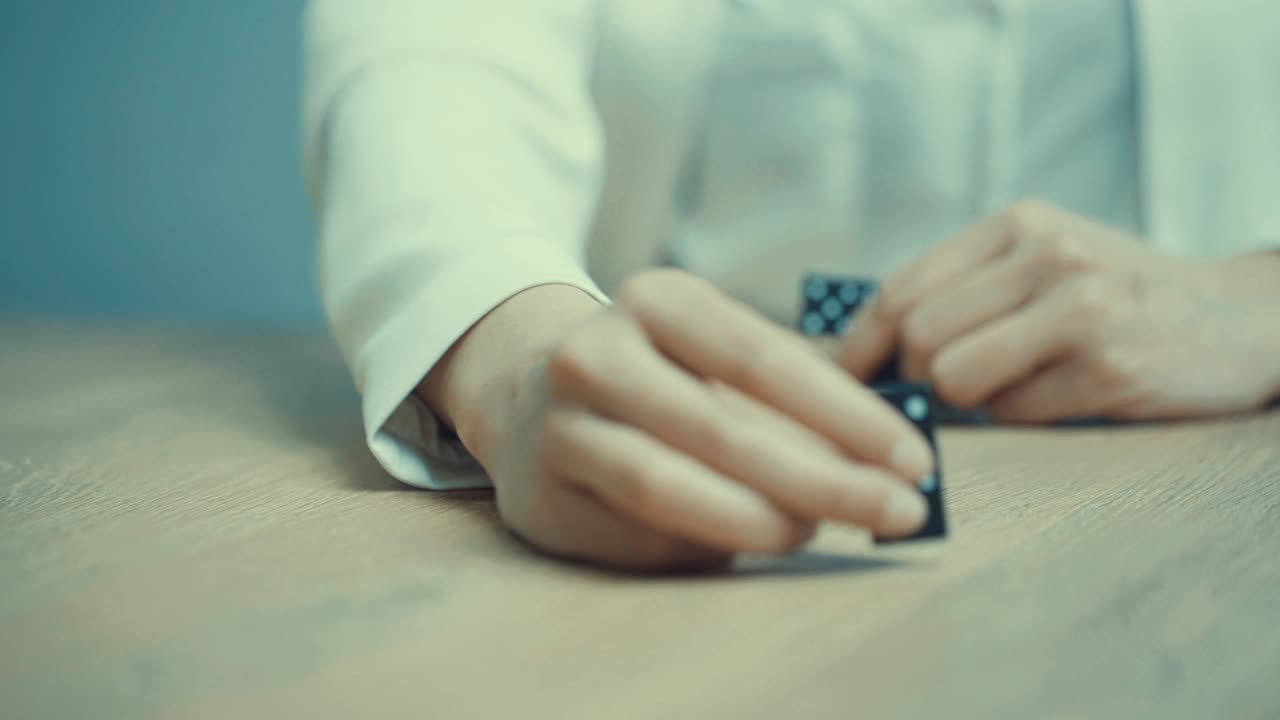 Female hand of a woman, dressed in white business suit destroying blocks of dominos, that are falling