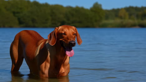 rhodesian ridgeback dog standing in a lake
