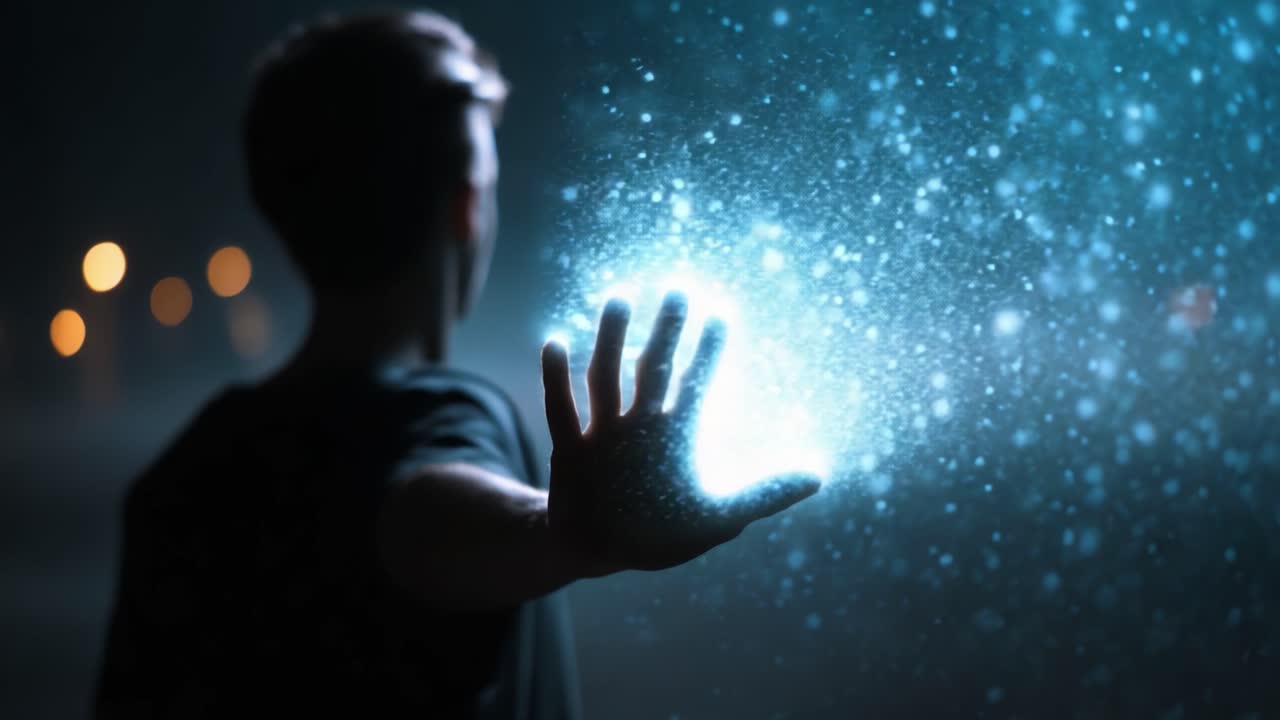 Uma jornada mística: uma figura na noite com a mão estendida toca um turbilhão de brilhos luminosos, criando uma exibição encantadora de luz e energia