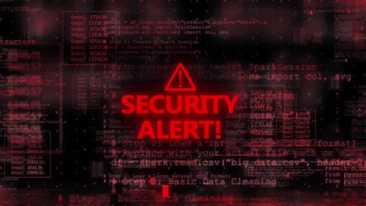 Visuel advarselsskærm for cybertrussel med rød alarmtekst, fejlkodepaneler, mørk digital støj og