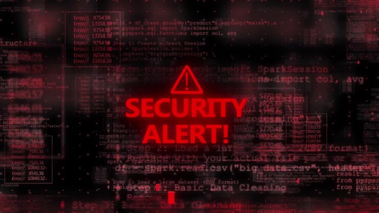 Cyber threat warning screen visual with red alert text error code panels dark digital noise and