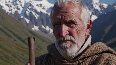 portrait of a confident senior shepherd, holding a wooden stick and dressed in traditional clothing, posing against a breathtaking mountain landscape with majestic snowy peaks