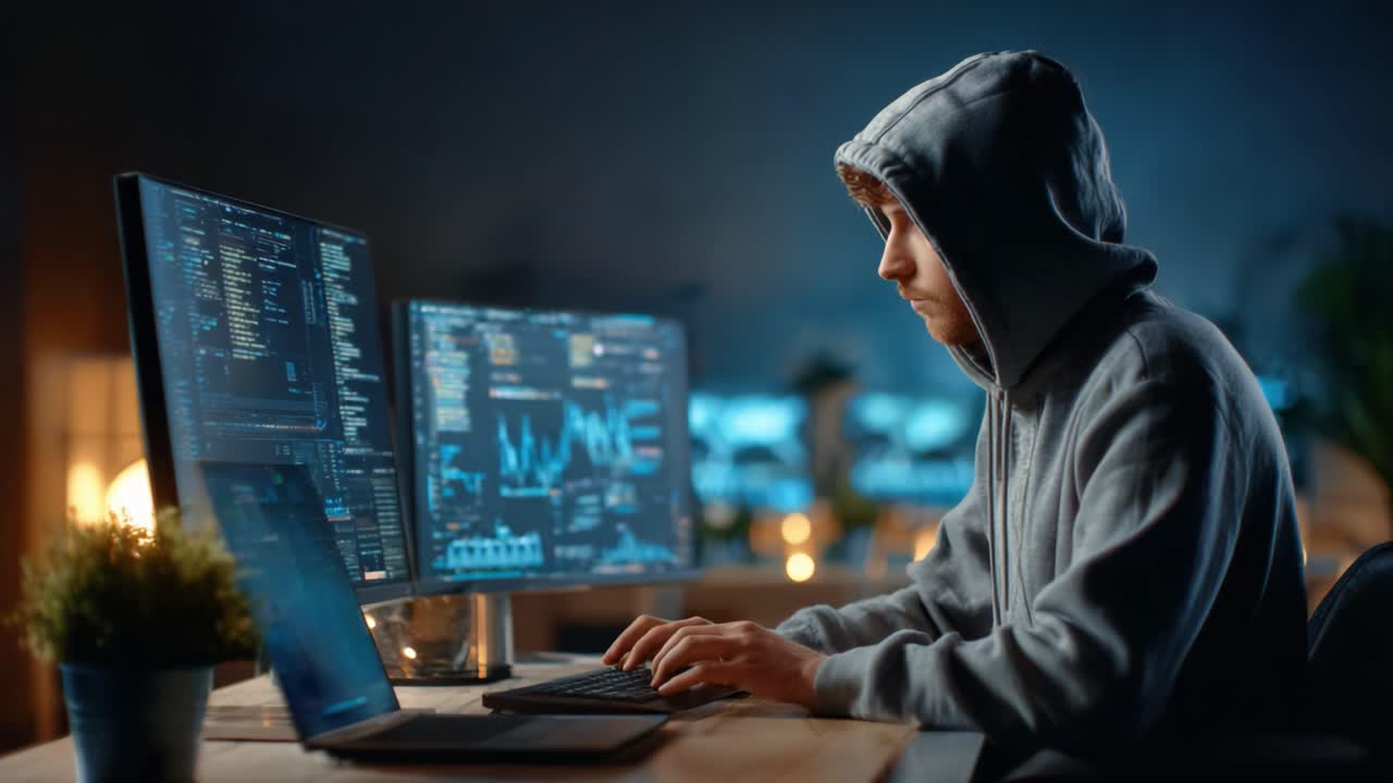 A focused individual in a hoodie engages with multiple monitors, immersed in coding and analysis in a dimly lit workspace, showcasing a blend of technology and concentration