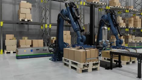 animation of robots and drones working in warehouse