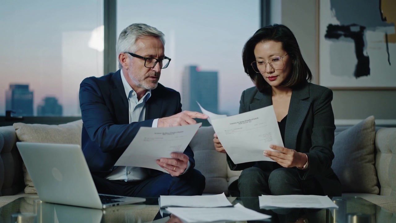 Pointing man and woman in suits scanning documents, clarifying details, using laptop in suite