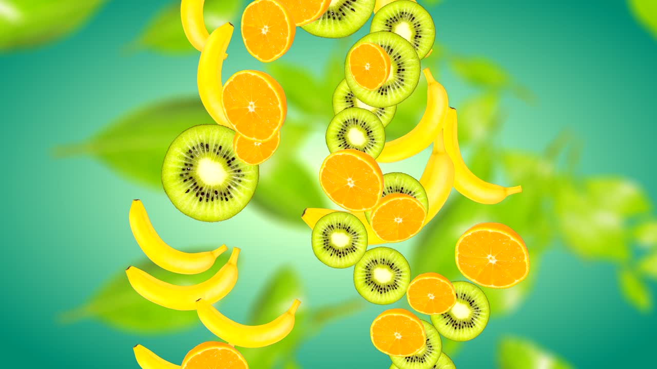 그라디언트 컬러 배경에 과일과 함께 추상적인 4k 배경