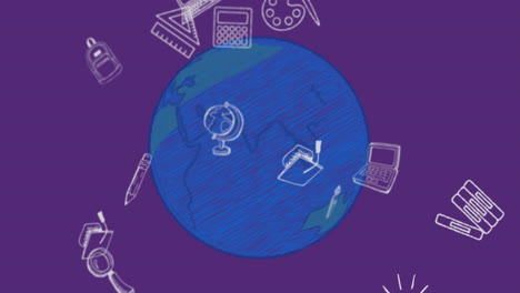 animación de iconos escolares flotando sobre un globo azul y un fondo púrpura