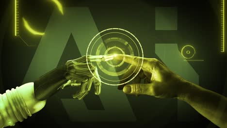 high quality 3d cgi of a robot arm reaching out and touching index fingertips with a human hand and activating a spinning tech gizmo and animated background ai data elements, in yellow color scheme