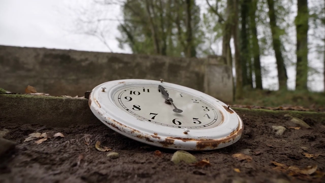 Een roestige klok staat op bosgrond, vanuit een close-up perspectief op grondniveau. De scène, met bomen en aarde, heeft bruine en witte accenten en ademt een stille en verlaten sfeer uit, met nabijgelegen objecten in de omgeving.