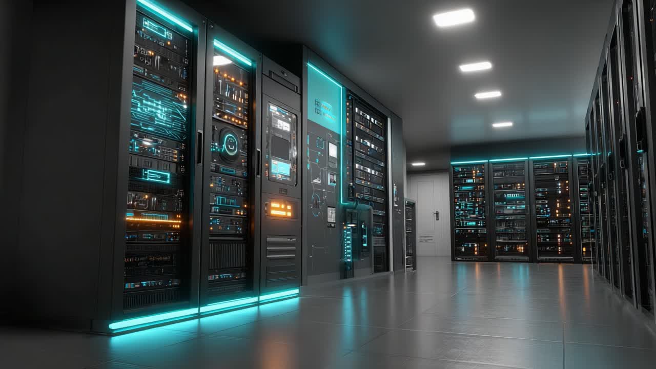 A High-Tech Data Center Featuring Rows of Servers with Dynamic LED Lighting Enhancing the Futuristic Aesthetic of Modern Computing Environments