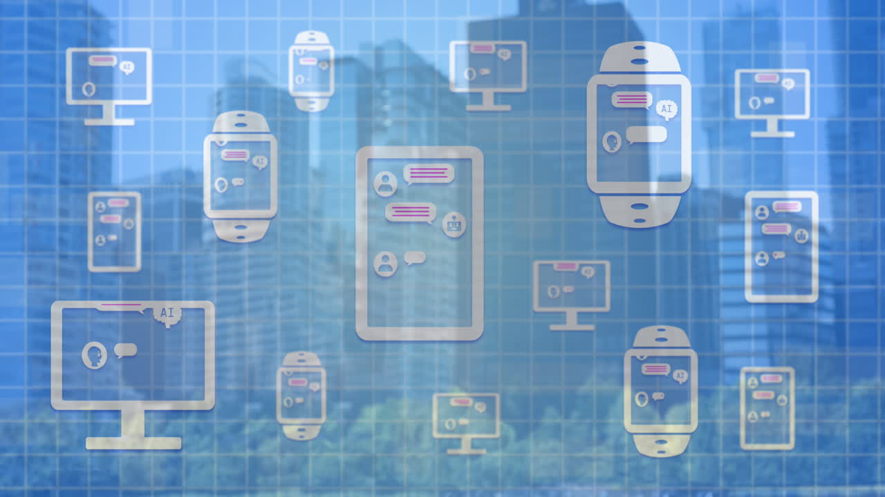 도시 풍경 위의 전자 장치에서 온라인 채팅과 데이터 처리의 애니메이션