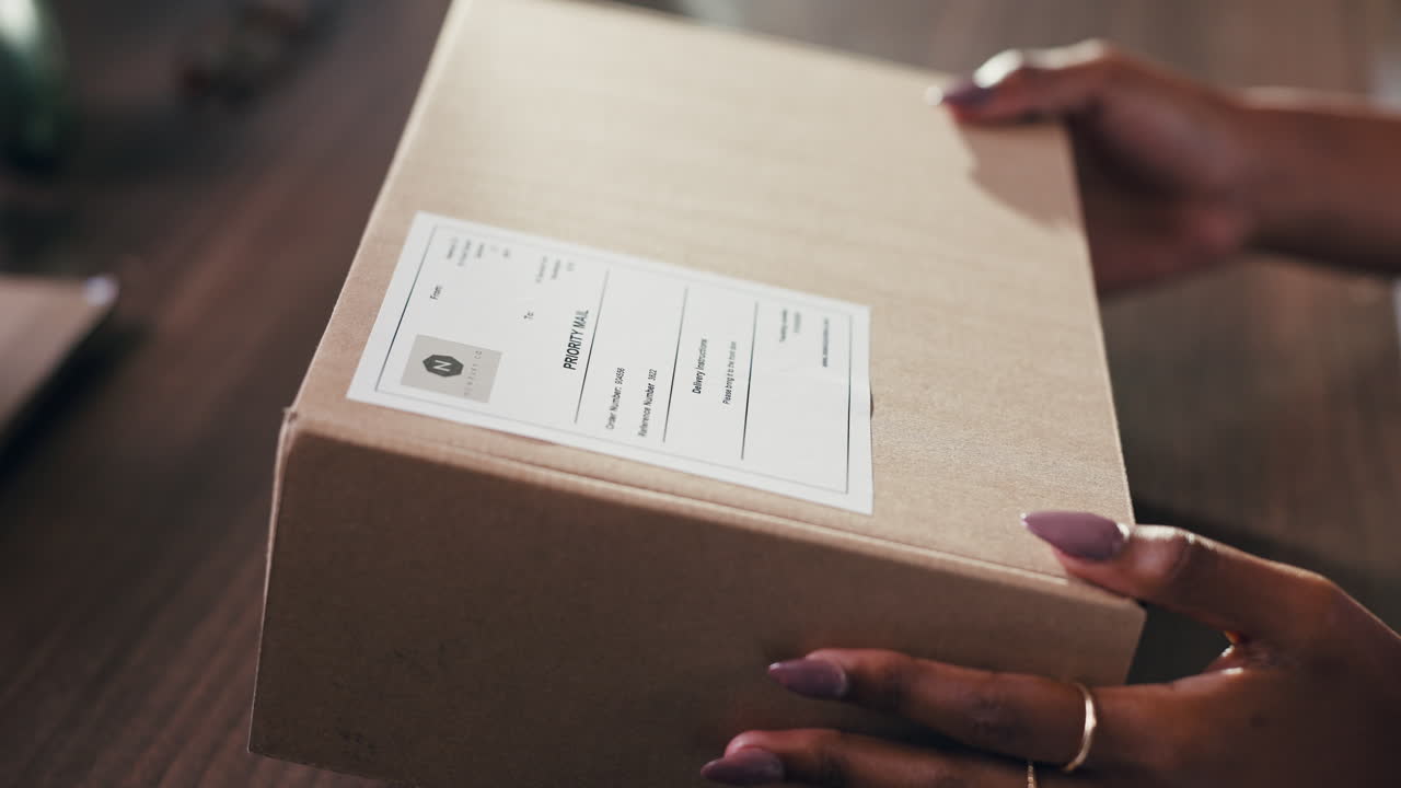 Close-up of Hands Holding a Cardboard Shipping Box with Label