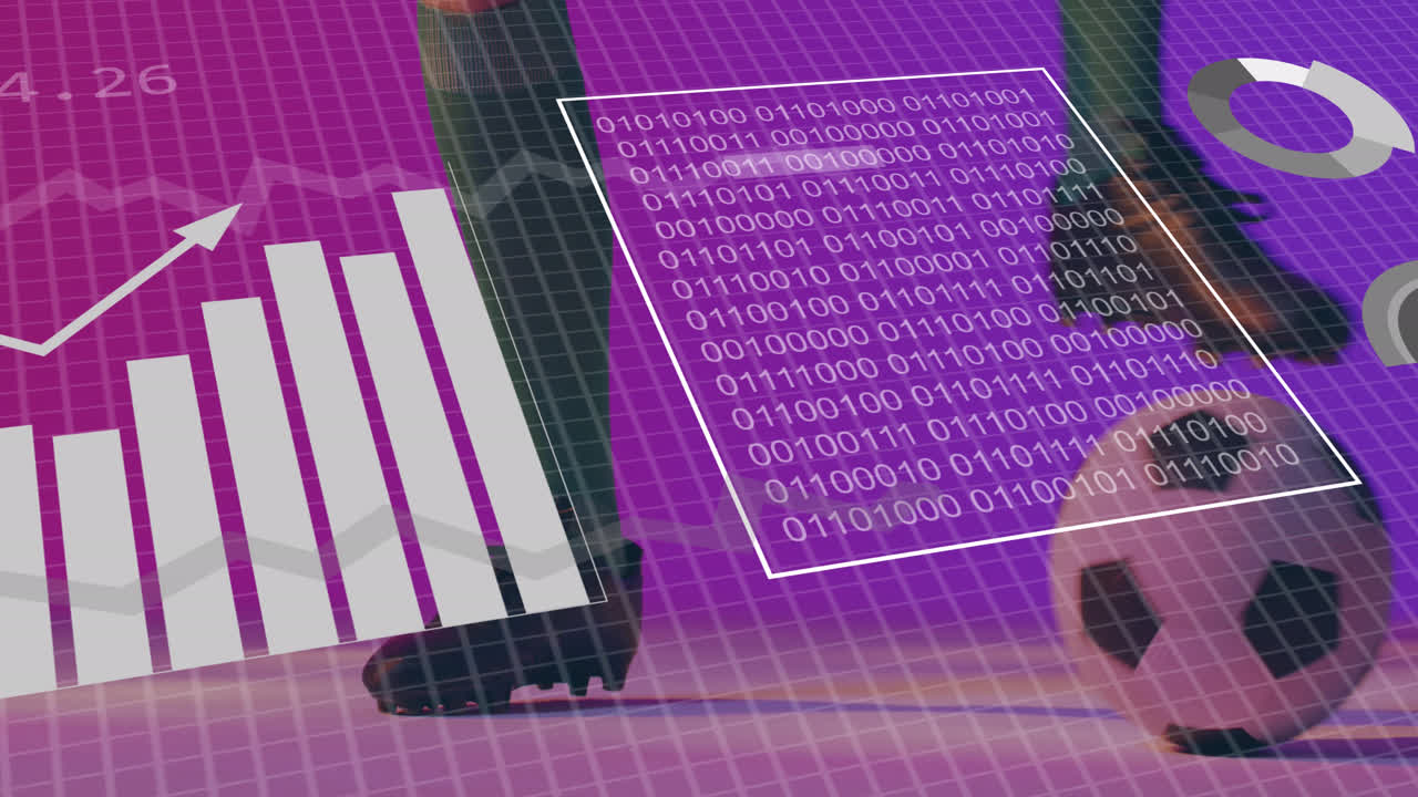 Animation of charts and data processing over legs of caucasian male football player with ball