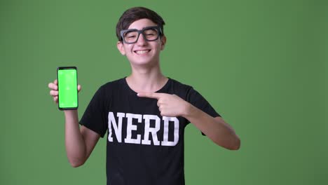 joven y guapo adolescente iraní contra un fondo verde