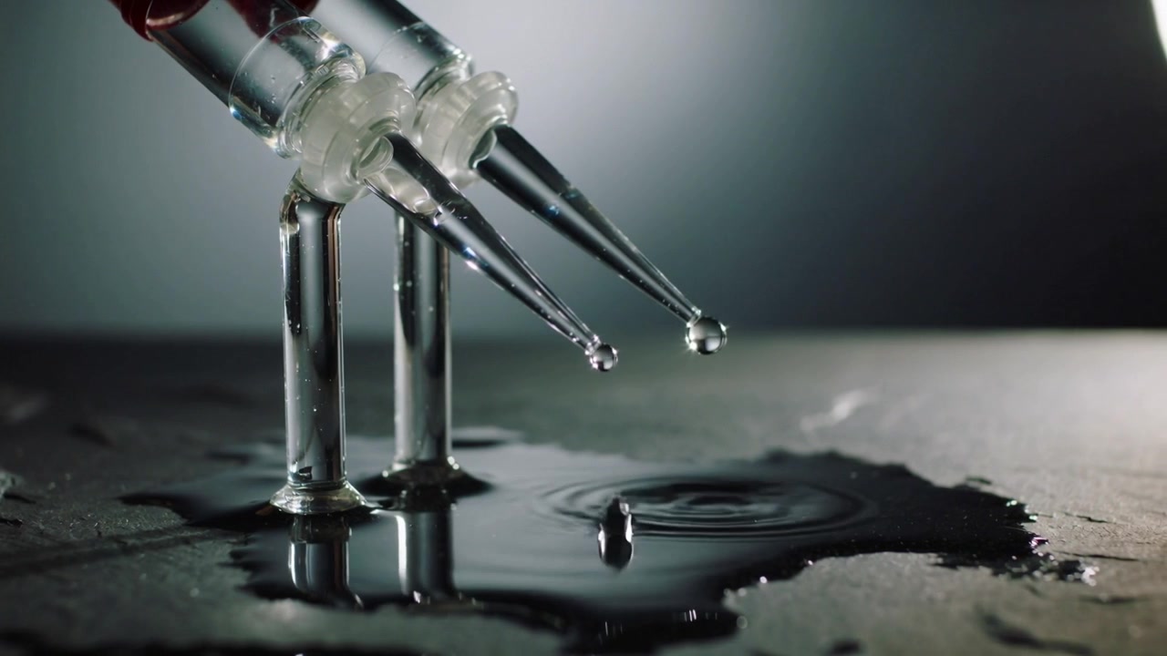 Detaching right pipette droplet, two glass tips creating ripples on lab puddle, showing reflections