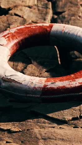 close up of a lifebuoy on rocks