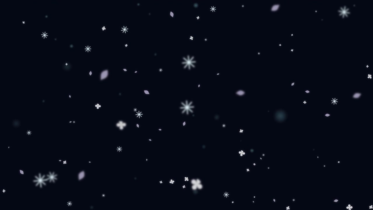Abstract Falling White Snowflakes and Petals on Dark Background