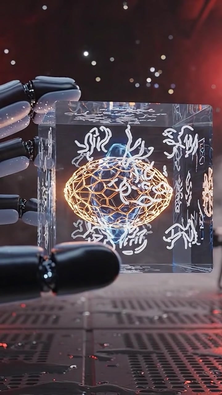 A futuristic robotic hand delicately holds a translucent cube embedded with glowing designs and a radiant core, showcasing advanced technology and artistry.