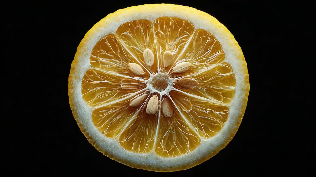 Primo piano di una fetta di limone appena tagliata che rivela la polpa succosa, gli spicchi giallo brillante e i semi su uno sfondo nero per un forte contrasto visivo