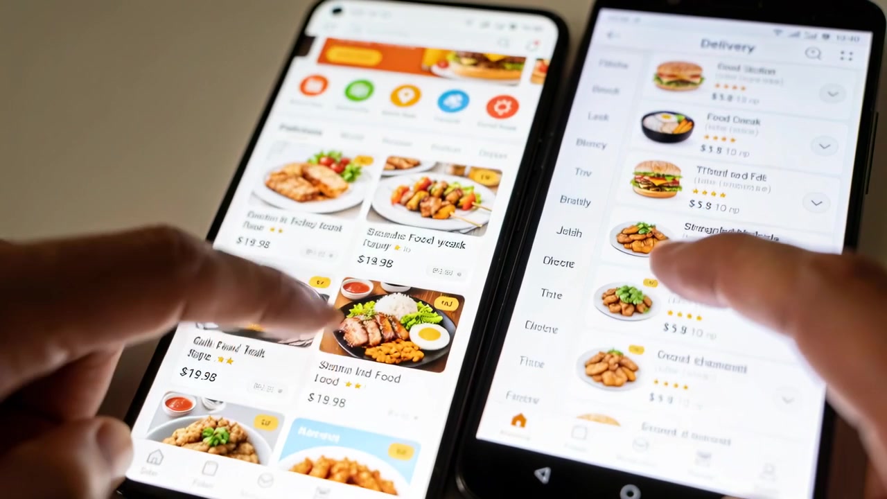 To pegefingre taster og scroller menuer på telefoner ved disken, sammenligner madvalg