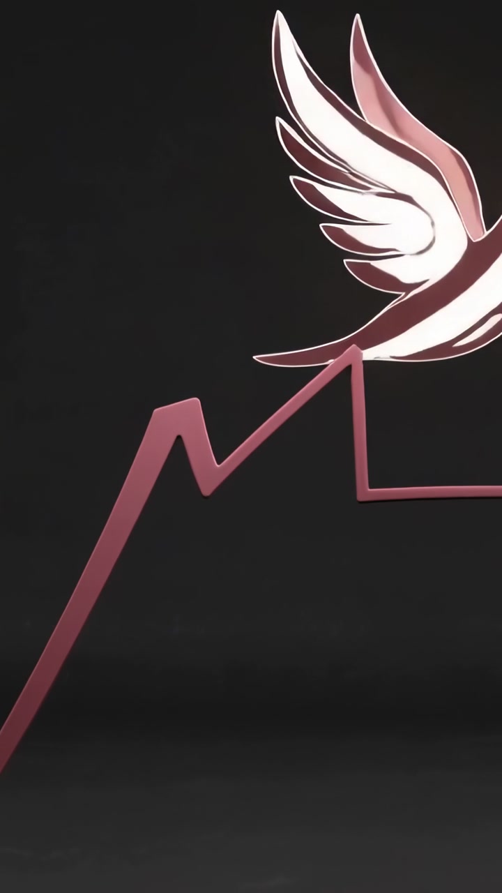 Vertical video: Appearing left, maroon line morphing to dove and taking flight in dark studio, glow