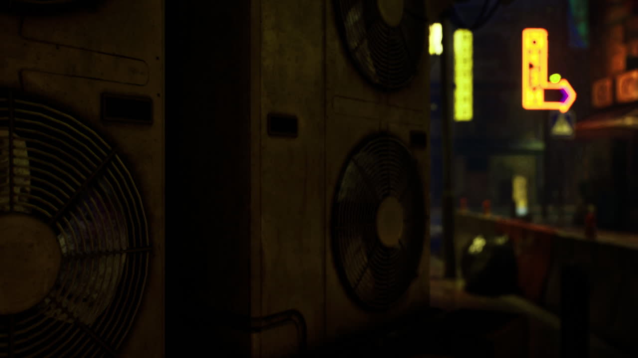Vivid neon lights illuminate urban alley at night with industrial fans nearby
