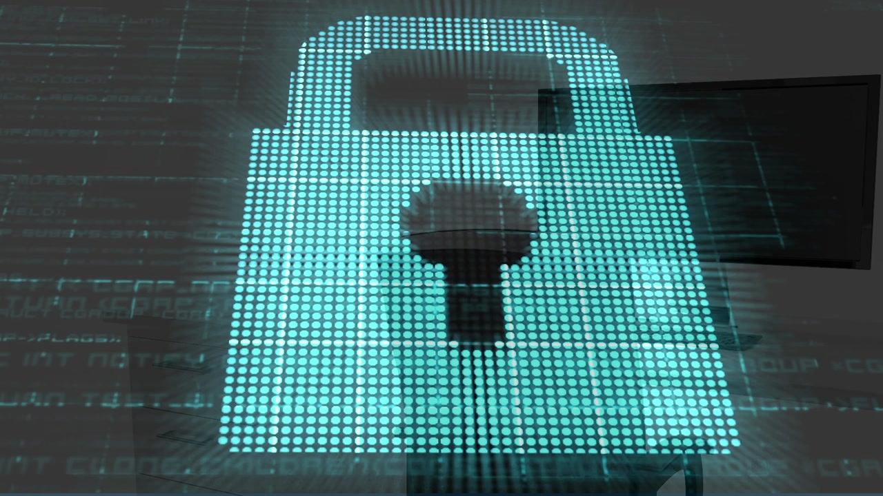 Animazione di un lucchetto digitale su computer in ufficio
