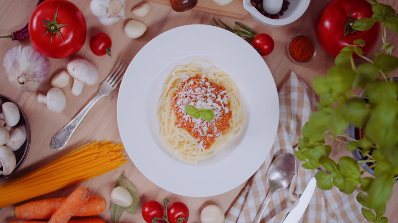 Hand picking spaghetti with meat sauce and cheese topping